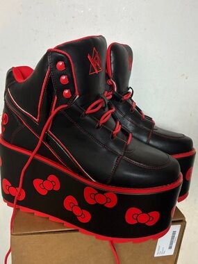 YRU Black and Red Platform Boots with Bow Motif